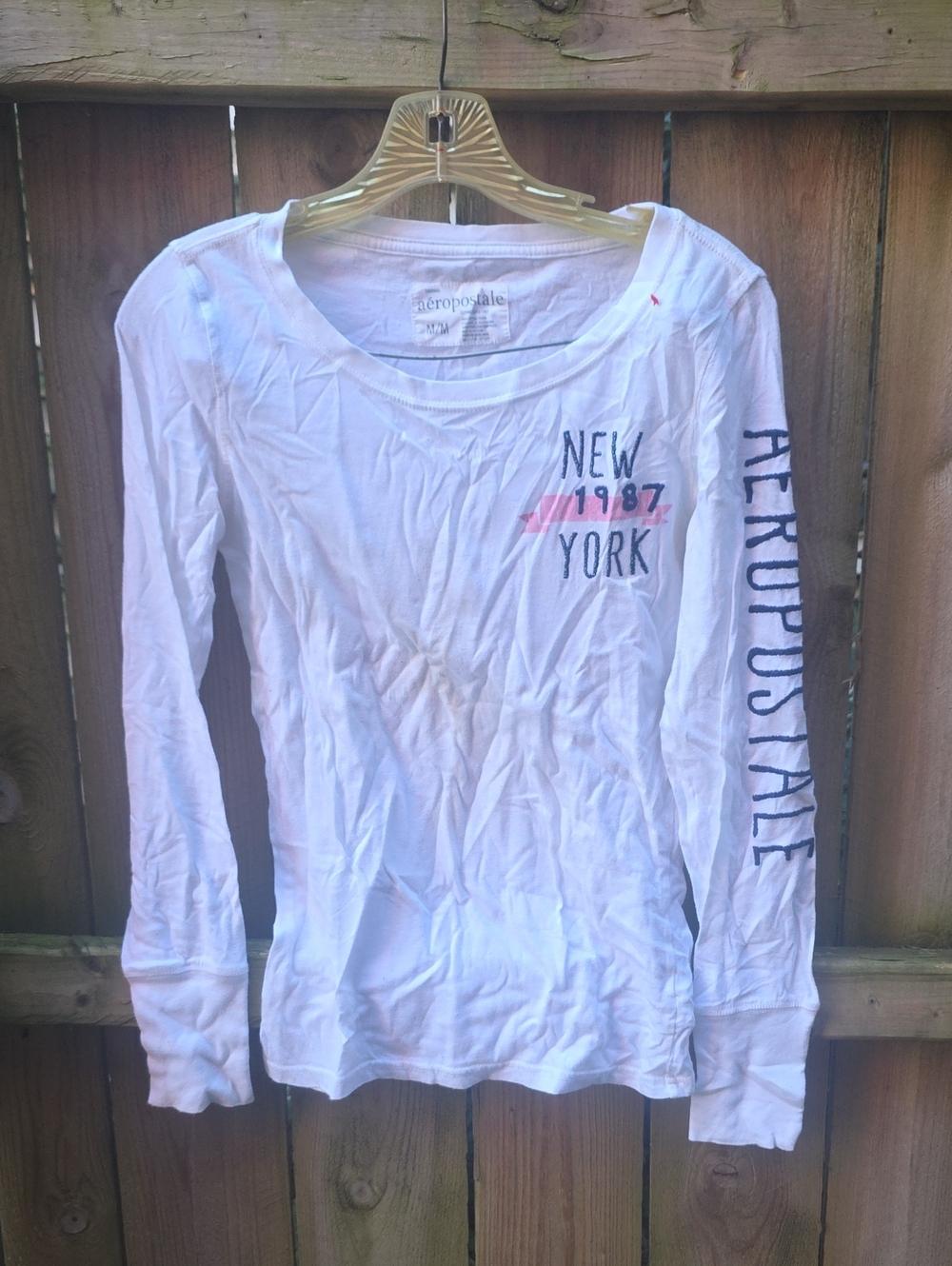 Aeropostale White Long Sleeve 'New York 1987' Tee with Pink Accent